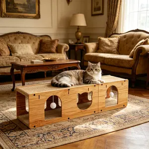 Extra-large cardboard cat scratcher play house with tunnel, track, scratching pad, balls and wooden toys. Innovative, safe and eco-friendly, ideal for indoor cats. A complete furniture set that brings your kitten fun and engaging playtime.
