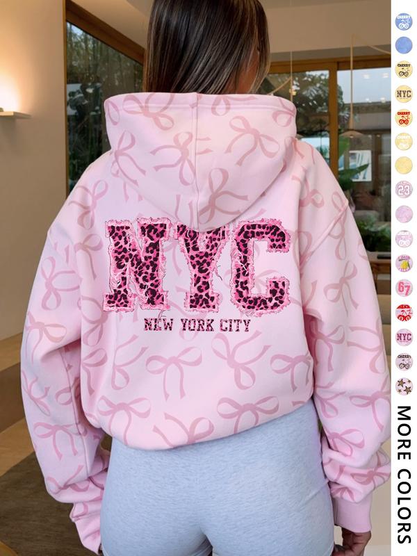 Women's Hooded Sweatshirt with Bow Print, Long Sleeve Fitted Casual Top, Spring & Fall Fashion, Perfect Gift for Valentine's Day