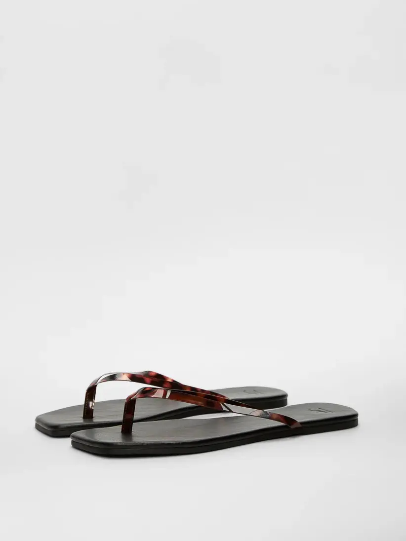 JUST FAB Women's Flat Sandals - Casual Minimal-Strap Square-Toe PVC Thong Slip-On Faux Leather Flipflop Walking Shoes with Padded Insole, Multi-Color Options for Summer Beach Sightseeing, Coffee Runs