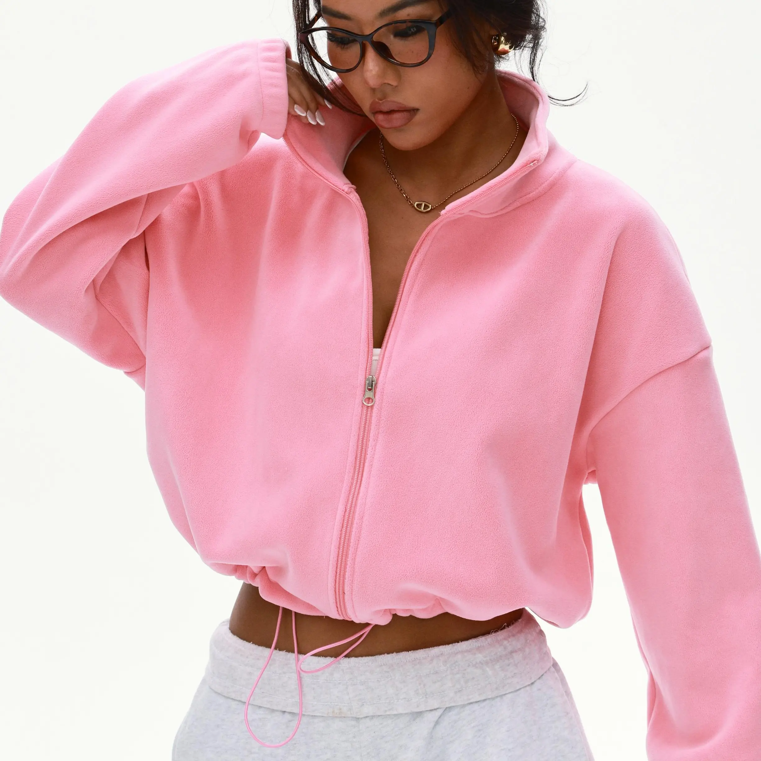 Auction use,Women’s Adjustable Drawstring Fleece Zip-Up Jacket – Soft, Sporty Casual Crop Top for Streetwear & Everyday Wear,non-refund,non-exchange,2008,sohochic