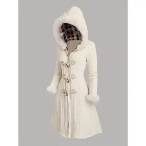 Women'S Y2K Style Plaid Knit Hooded Coat, 100% Polyester, Color Block, Long Length with Cow Horn Buttons, Fall/Winter Warm Knitwear
