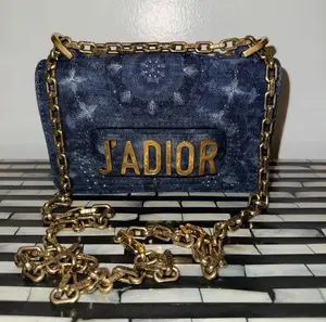 Pre-owned Dior Blue denim with beaded and embroidered accents Clutches & Wristlets Christian J’Adior Denim Mini Chain Flap Crossbody Bag (2019)
