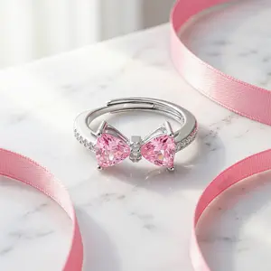 Women's Silver-Tone Bow Shape Cubic Zirconia Adjustable Fitted Ring, Pink Crystal Bow Cute Style Statement Ring, Cubic Zirconia Rings, Adjustable Fitted Rings