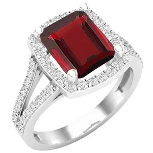 Dazzlingrock Collection 9X8mm Emerald Shaped Garnet & Round White Diamond Halo Style Engagement Ring for Her in 925 Sterling Silver Size 8