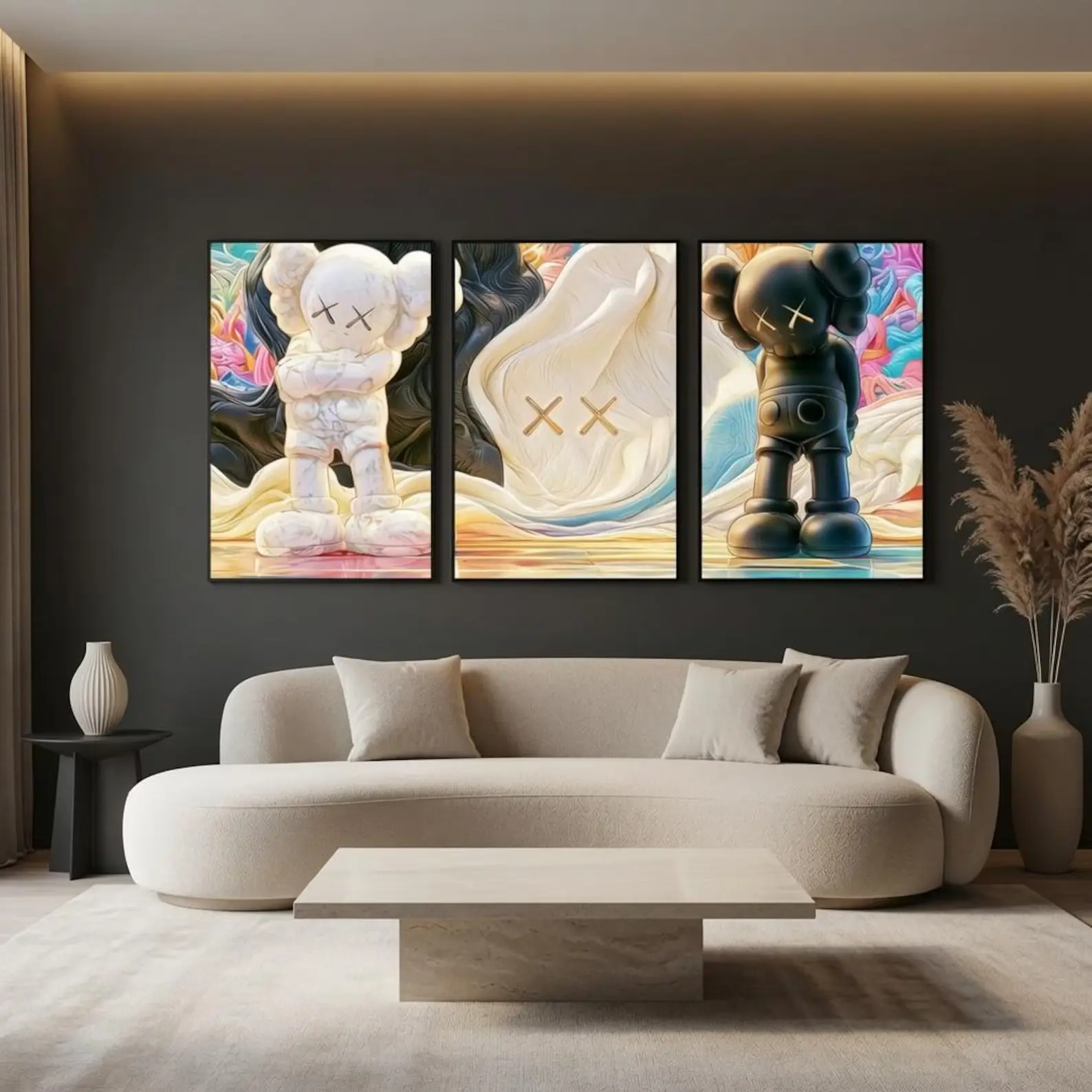 Kaws 3-Piece Wall Art Poster Set, Black and White Abstract Luxury Figure Prints, HypeBeast Room Decor for Home Walls