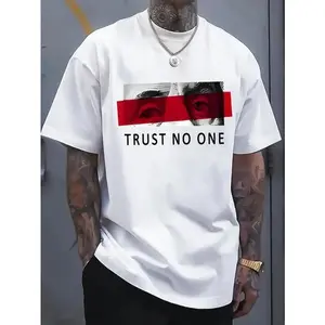 Men's summer round neck T-shirt comfortable loose short sleeve fashionable retro casual print - letters TRUST NO ONE graphic design, black casual short sleeve T-shirt with red stripes and eye illustrations, comfortable and versatile, suitable for summer