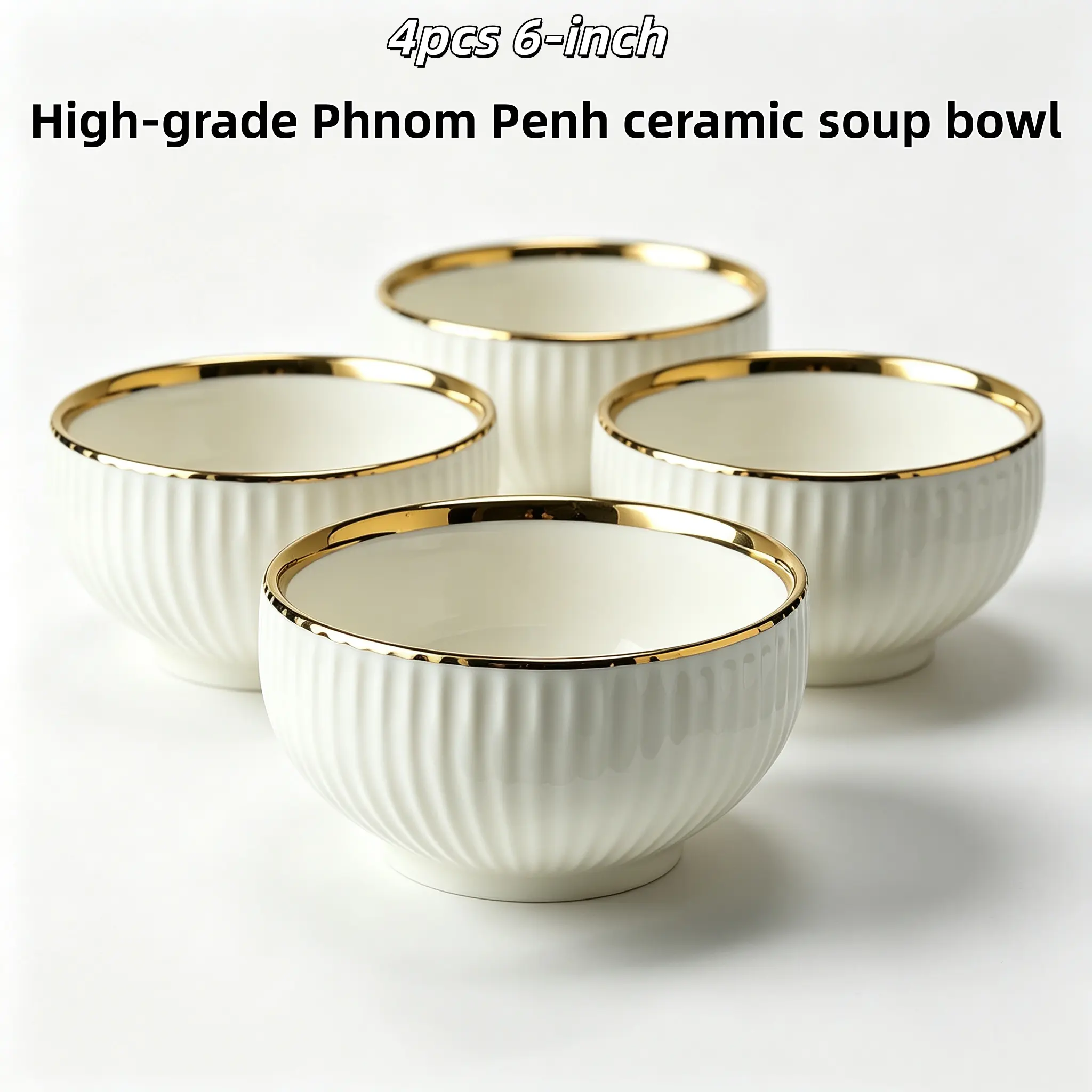 4-Pack 5.5Inch Thick Gold Rim Porcelain Soup Bowls set, Vertical Strip Textured White Ceramic Cereal Bowls, Lead-Free Microwave Dishwasher Freezer Safe Stackable Elegant Round Bowls for Oatmeal Salad Pasta Dessert Daily Family Dining