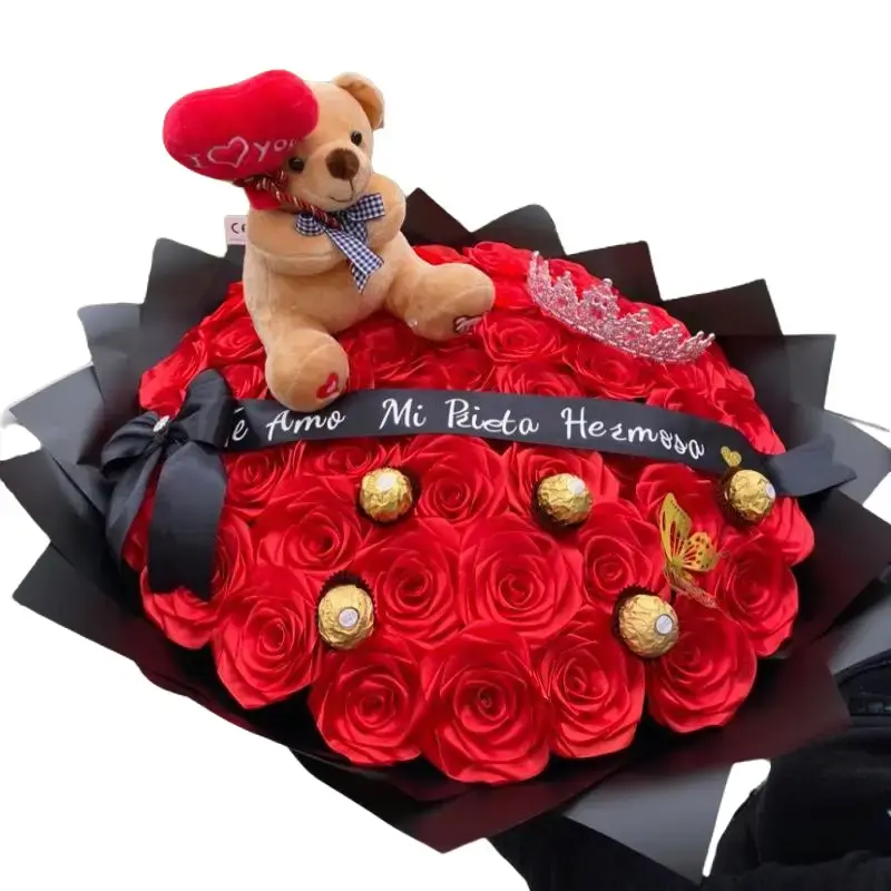 50-Count Red Floral Rose Bouquet Set - Custom Ribbon, Plushies, Ferrero Rocher - Romantic Anniversary Gifting Office & Personal Gifts