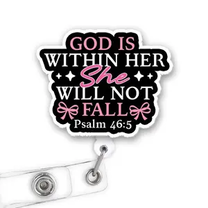 God Is Within Her She Will Not Fall Badge Reel, Inspirational Scripture Retractable ID Holder with Alligator Clip, Faith Gift for Nurse Teacher 53O