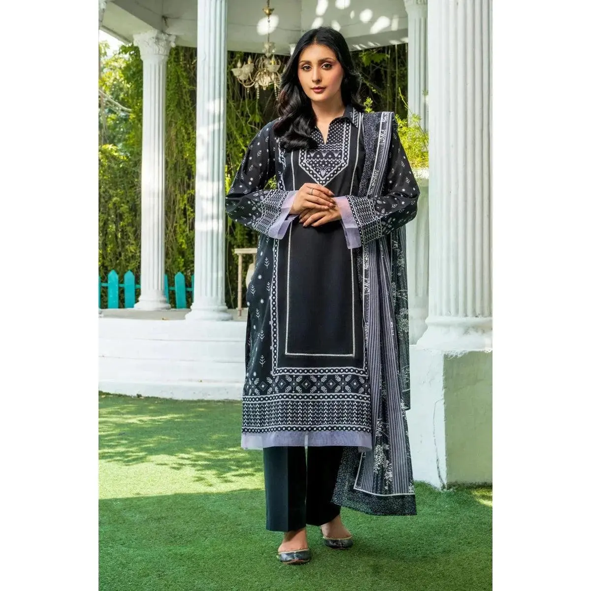 Women's Elegant Fashion 3-Piece Stitched Printed Lawn Suit, Ethnic Pattern Pants & Top Sets, KLA-4168, 3-Piece Suit
