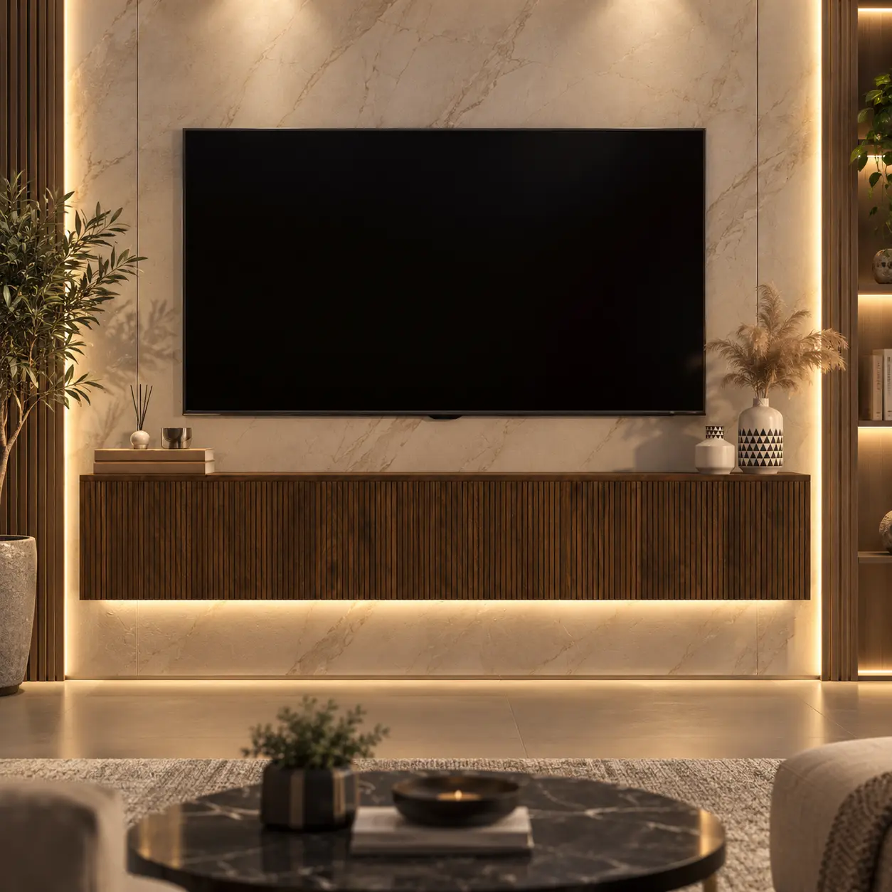 68.9" Floating TV Stand with LED Lights, Wall Mounted Entertainment Center with Storage, Fluted Wood Media Console with Power Outlets & USB, Requires Drilling for Installation