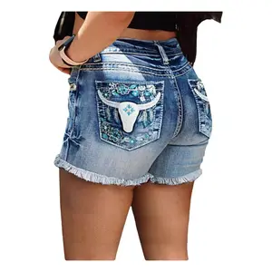 2025 Summer New Retro Street Embroidery Slim Raw Edge Denim Shorts Women's Blue Cotton Jeans with Unique Bull Head Design Casual Womenswear Style