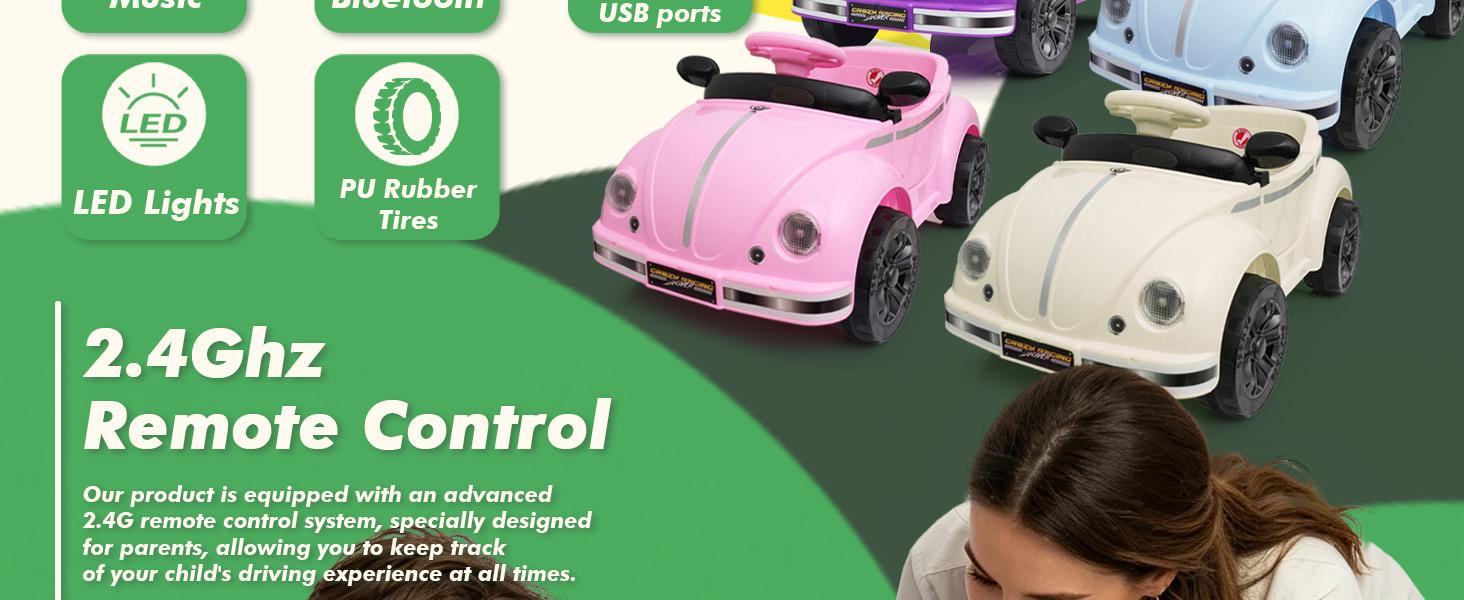 12V Battery-Powered Kids Vintage Beetle Ride-On Car - 2.4G Remote Control, Anti-Tip Design, LED Headlights, Bluetooth USB, Adjustable Speed, Adjustable Safety Seat Belt for 2-4 Years, Backyard Lawn Fun & Children Development