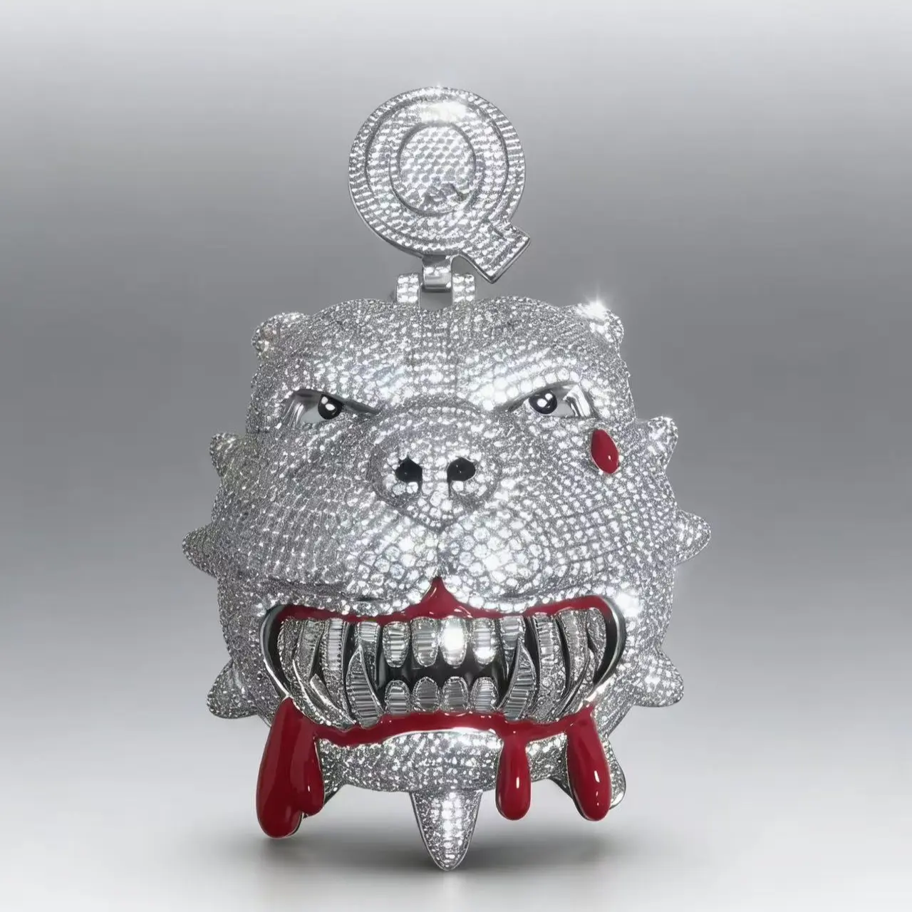 M2-2017 Fully Bling Savage Dog Head Pendant with Red Accents Urban Streetwear Rapper Style Unique Jewelry Accessory for Fashion Enthusiasts Stylish Playful Charm Rhinestone Charms