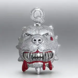 M2-2017 Fully Bling Savage Dog Head Pendant with Red Accents Urban Streetwear Rapper Style Unique Jewelry Accessory for Fashion Enthusiasts