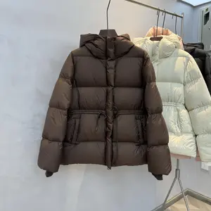 2026 Women's Winter Fashion Thickened Hooded Puffer Bread Jacket, Drawstring Waist, Romantic Elegant White Cotton-Padded Short Puffer Coat with High-End Look