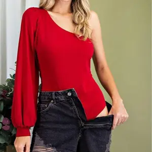 Rubi Bodysuit- Red One Shoulder Bodysuit Neckline