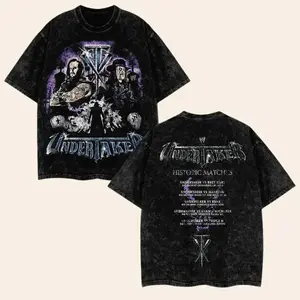 The Undertaker Washed T-Shirt Wrestling Shirt WWE Fans WWE Tee Menswear Cotton Crewneck Premium American Made Acid Washed 100% Cotton Fabric Top Streetwear Tropical Seamless WEH