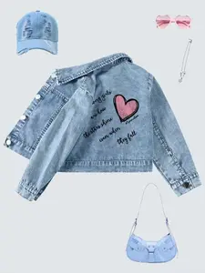 Girls' Fashion Casual Denim Jacket, Cartoon Letter & Heart Pattern, Comfortable Fabric, Spring & Fall Wear, Outdoor Activities