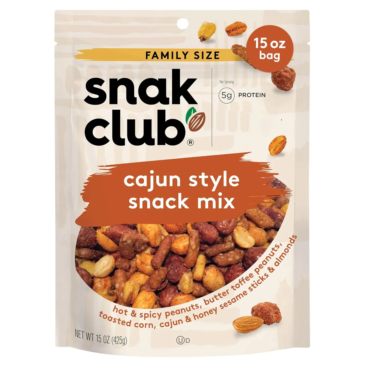 Snak Club Cajun Style Protein Crunchy Snack Mix - Hot & Spicy Peanuts, Butter Toffee Peanuts, Toasted Corn, Cajun & Honey Sesame Sticks, Almonds - Kosher 15 oz Resealable Trail Mix for Parties, Road Trips