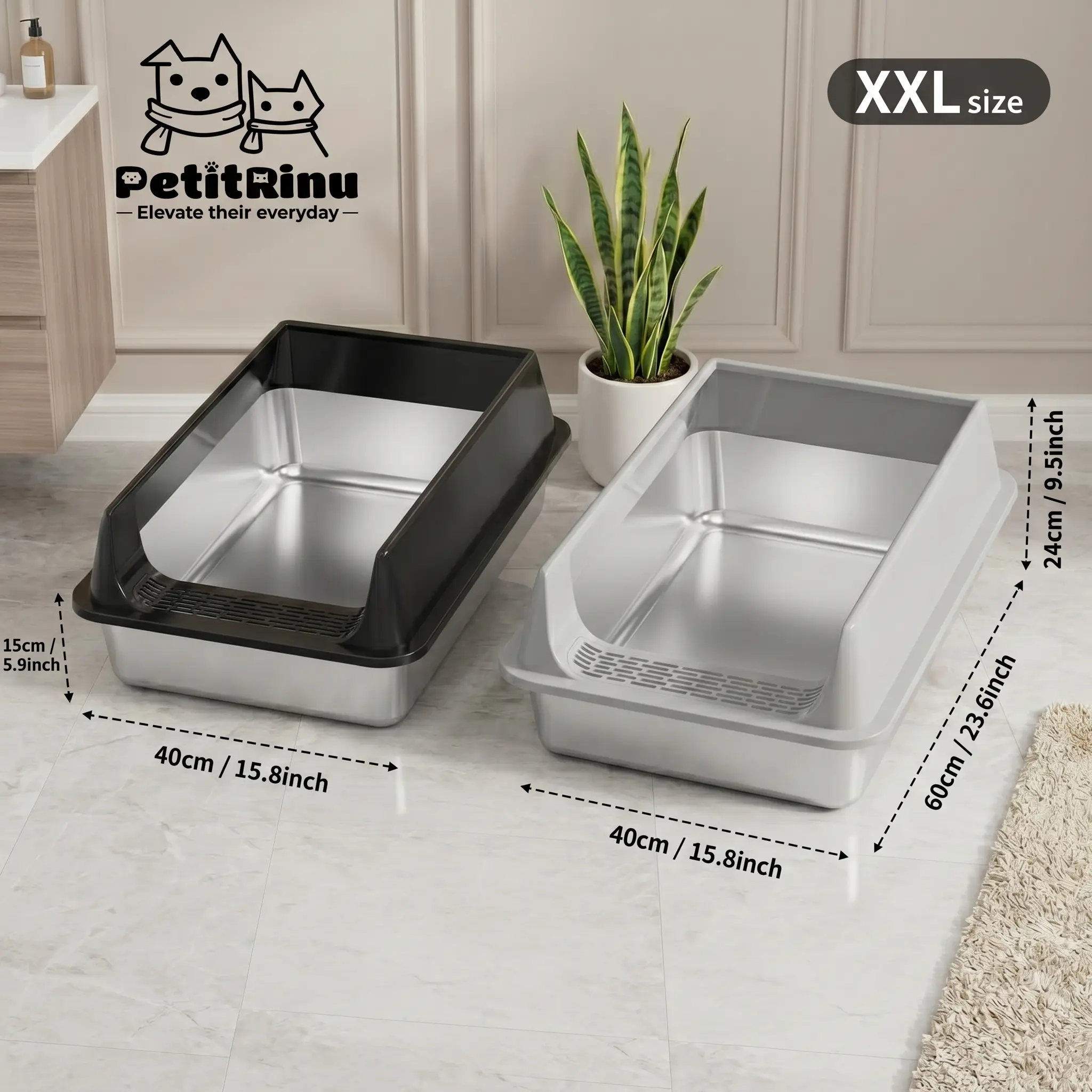 PETITRINU Stainless Steel Litter Box - Deluxe XL/XXL Odorless Litter Box System with Integrated Sand Filter Pedal, Detachable High-Sided Shield, Non-Porous Easy-Clean Tray, Wall Paw Print Design for Outdoor Use, Odorless Litter Boxes