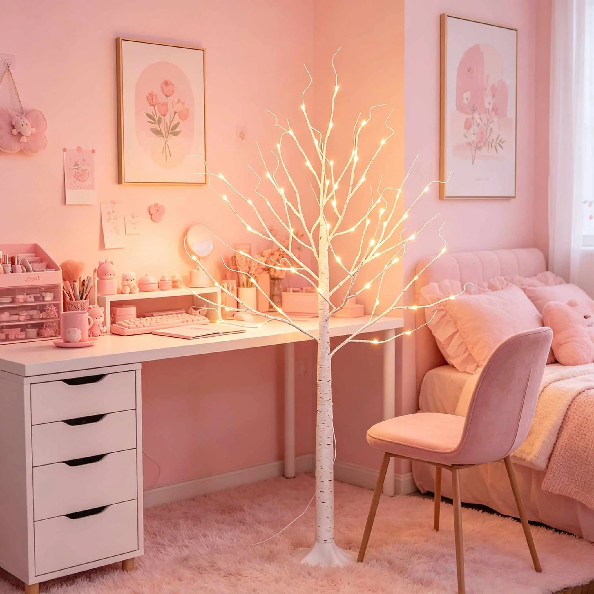 LED Birch Tree Floor Lamp (4/5/6 FT), USB-Powered Warm White Decorative Lights, Remote Control 8 Lighting Modes, IP44 Waterproof Artificial Tree for Home, Wedding, Holiday Decor