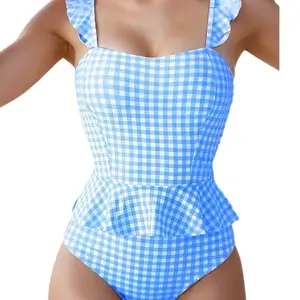 Blue Gingham Ruffle One Piece Swimsuit - Tummy Control High Cut Bathing Suit for Women