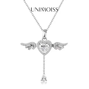 UniMoiss Moissanite 2ct Angel Wing Heart Pendant Necklace Silver-Plated Birthday Wedding Engagement Anniversary Valentine's Day Gift Daily Wear