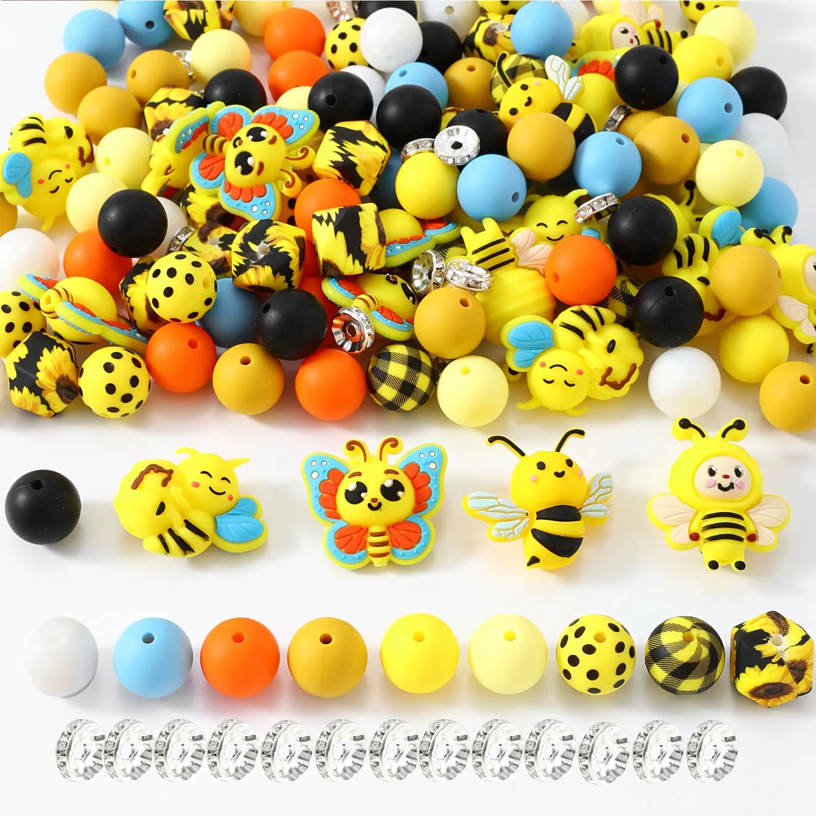 109 pieces of colorful 3D bee silicone sets, multi-color and various types of silicone beads (crystalline and matte), suitable for jewelry making, DIY creative key bags, chains, figures, pens, decorations, bracelets, necklaces, handmade items.