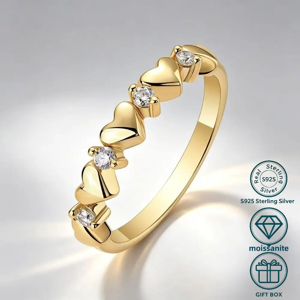 Retro Heart Moissanite Ring for Women, Gold-Colored S925 Silver Pave Band for Wedding, GRA Certified with Gift Box, Female
