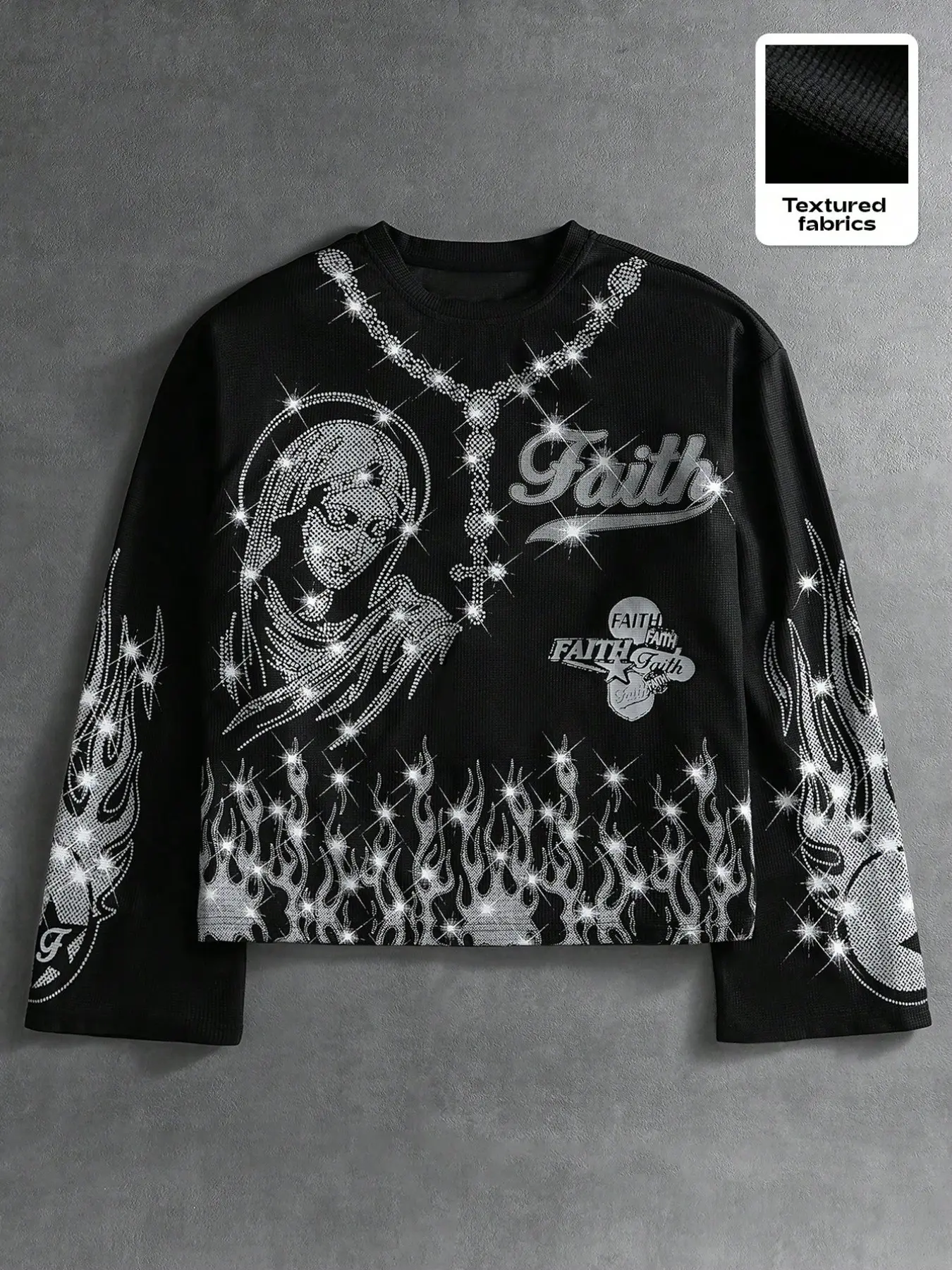 [1PC] Men's Rhinestone Embellishment Virgin Mary Long Sleeve Crewneck Shirt Menswear Textured Fabric Cyber Y2K Streetwear Casual Graphic Tee with Flame Print for Men Outfits