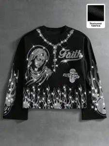 [1PC] Men's Rhinestone Virgin Mary Long Sleeve Crewneck Shirt Textured Fabric Cyber Y2K Streetwear Graphic Tee with Flame Print for Men Outfits