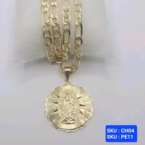 Virgin Mary Pendant Chain Figaro Style 24 Inches 5 Millimeters Laminated Gold Cross Design Elegant Jewelry SKU : PE11