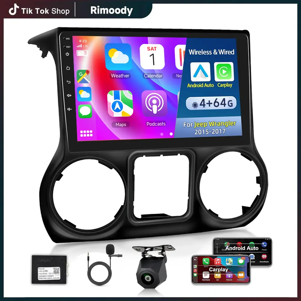 Rimoody 4GB RAM+64GB Android 15 Car Radio for Jeep Wrangler 2015-2017, 10.1in IPS Touchscreen Wireless Carplay - Built-in WiFi Module, Android Auto, GPS Navigation, Bluetooth Function, FM Radio, Rear View Camera Compatible (Father's Day Gift)