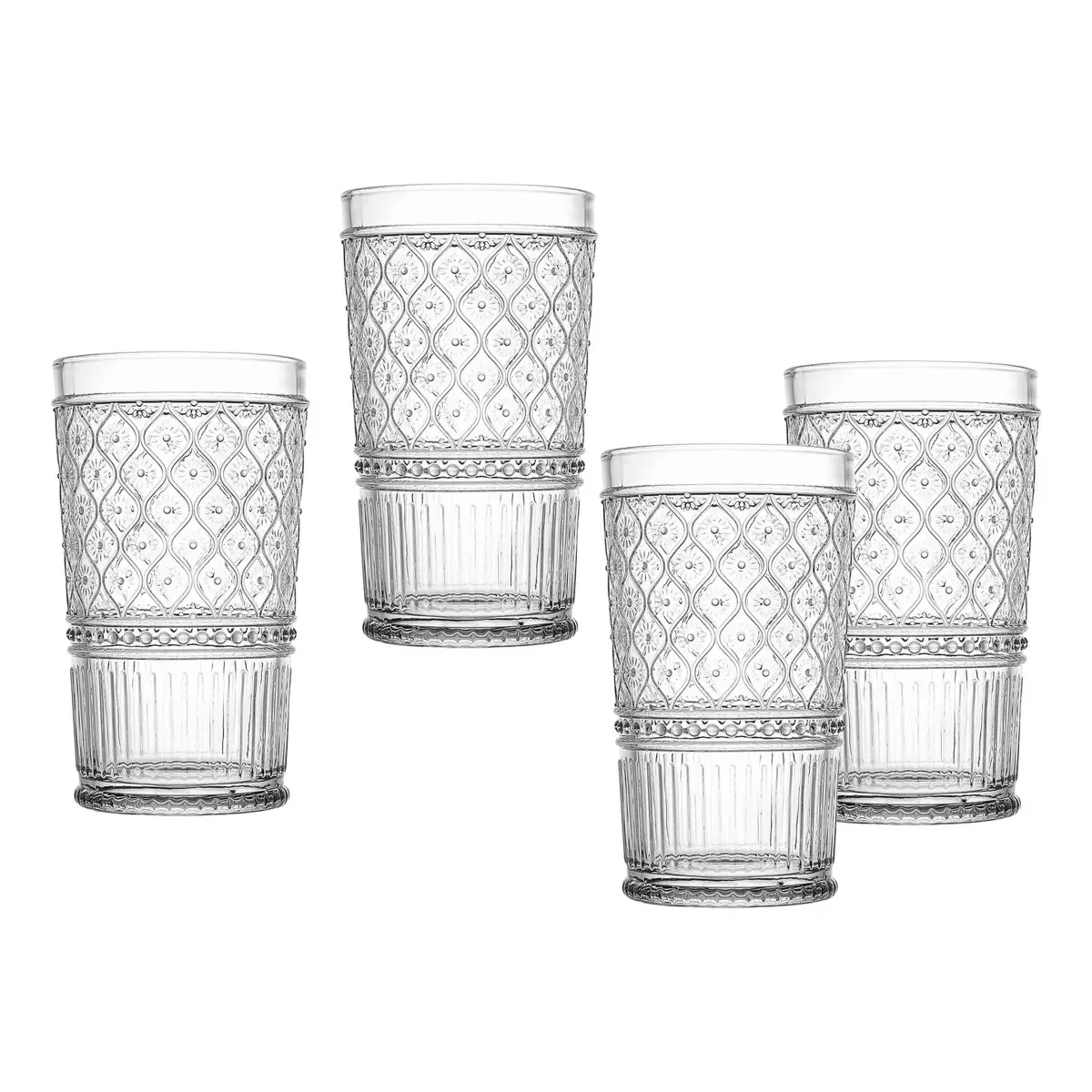 212 MAIN Semi-Handmade Unleaded Crystal Highball Glasses - 4-Piece, 17oz Crystal-Clear Kitchenware Drinkware Set for Beverage Service, Crystals, Four Pieces