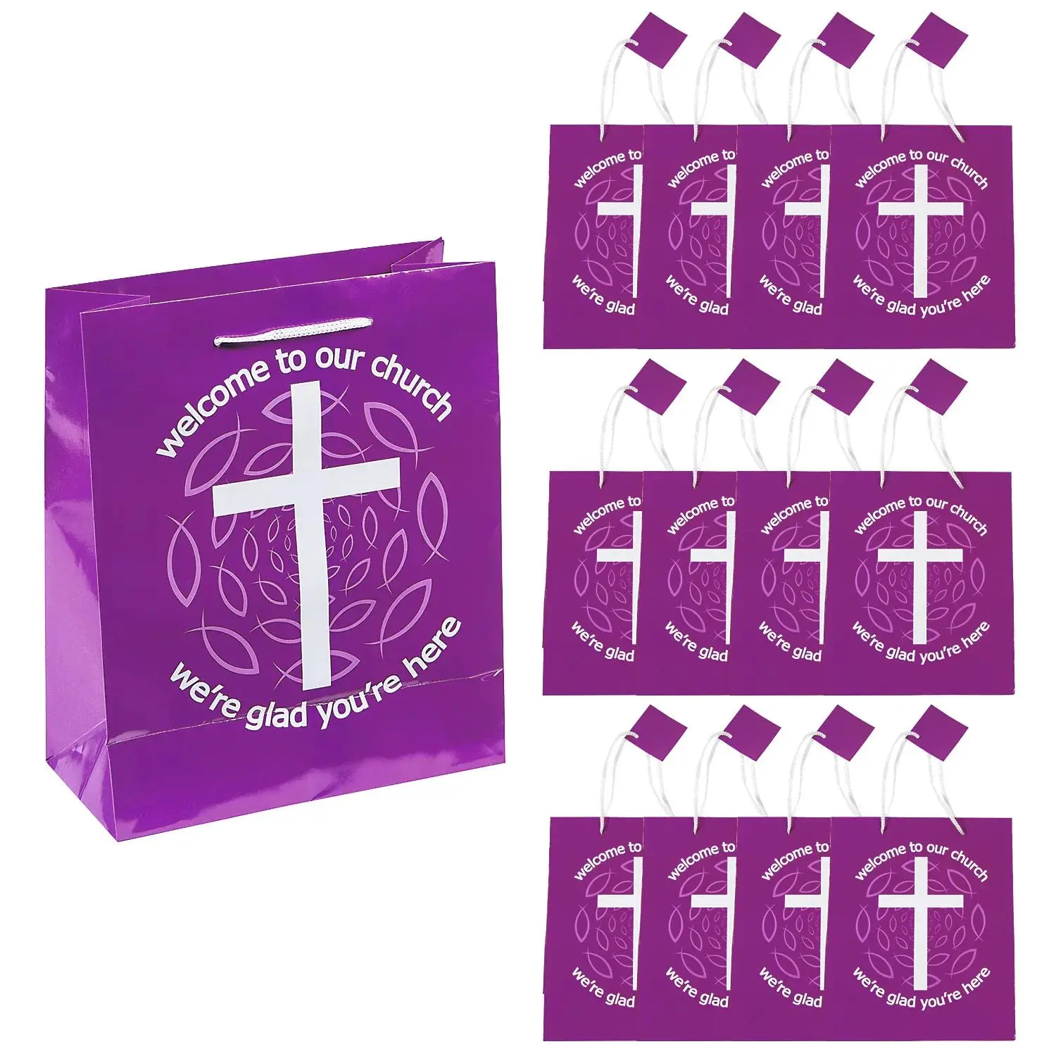 Christian Gift Bags (12 Pieces) - 7.5" x 3.5" x 9" Medium Purple Faith-Inspired Paper Bags for Church Events, Cross Fish Design, 4.5" Easy Handles for Easy Gift Wrapping