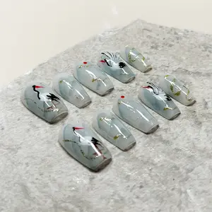 Gilded - Modern and Minimalist Press-on Nails with Graceful Cranes