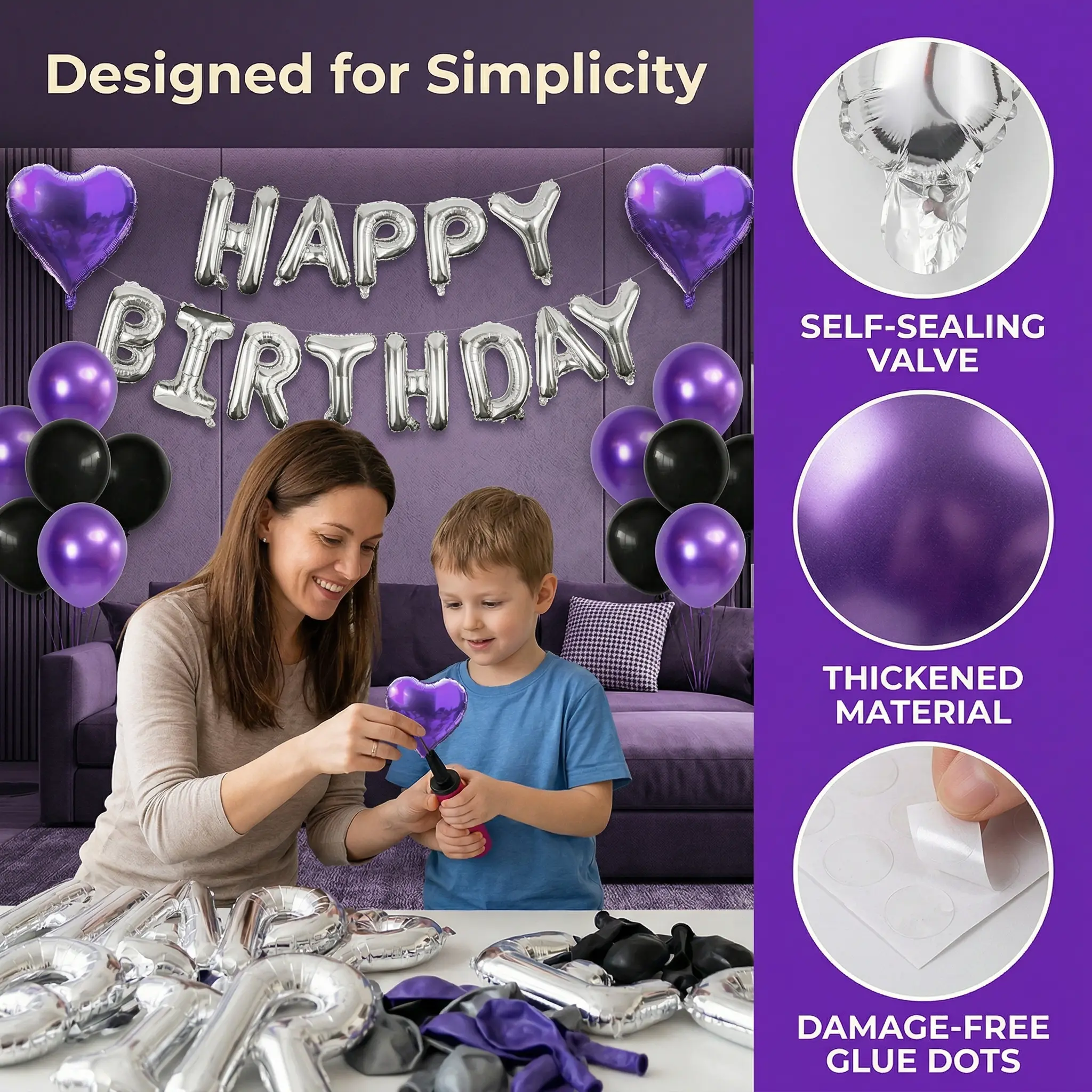 61pcsSet 16-Inch Silver Happy Birthday Foil Balloon Set with Black, Purple Latex & Heart Balloons for English Letters Decoration foil balloon party decoration birthday decoration