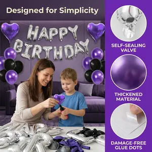 61pcsSet 16-Inch Silver Happy Birthday Foil Balloon Set with Black, Purple Latex & Heart Balloons for English Letters Decoration foil balloon party decoration birthday decoration