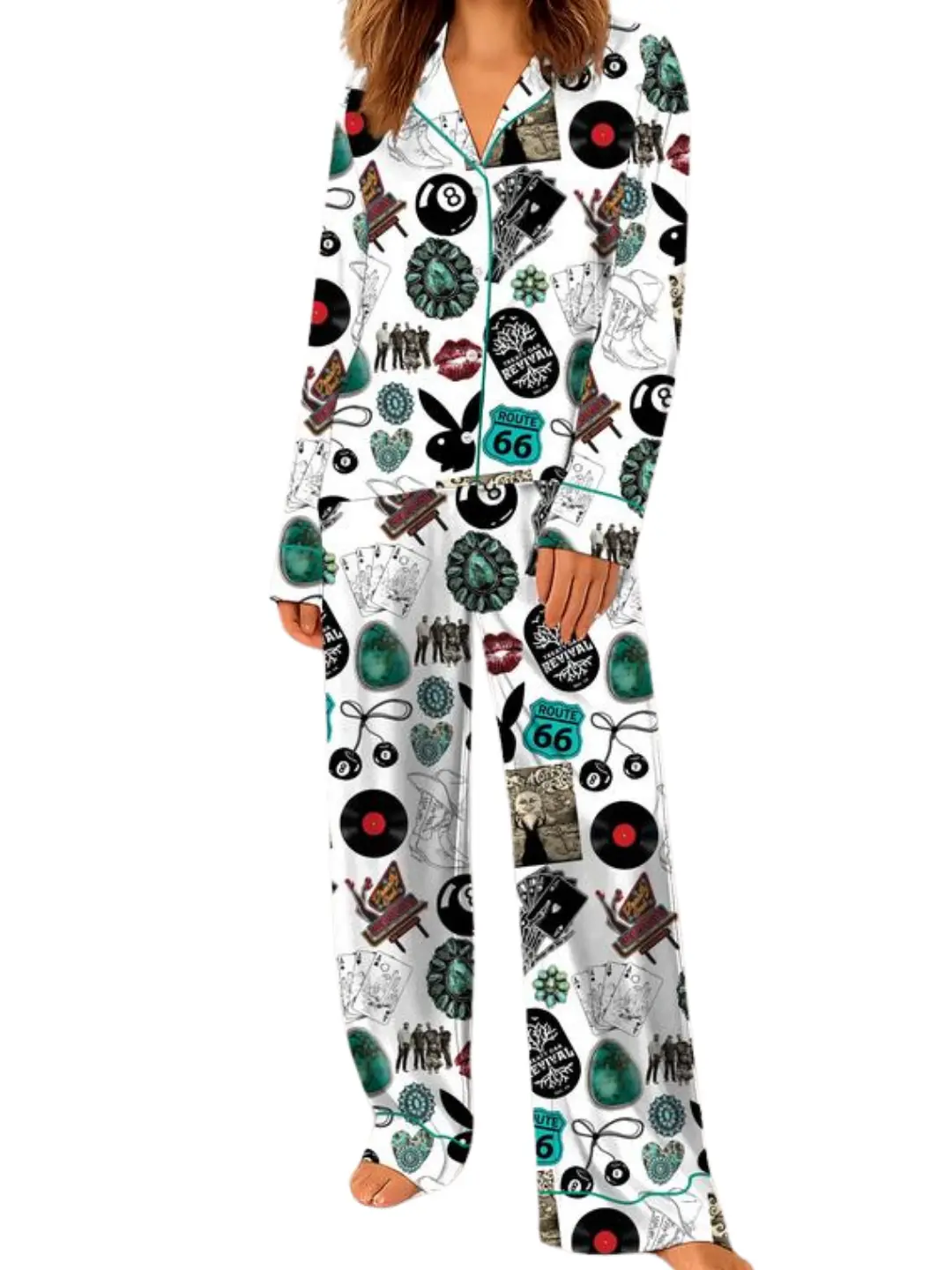 Women's 2-Piece Elegant Silky Satin Fabric Nightwear Set, Western Cowgirl Print Loungewear Pants with Pockets, Breathable Adjustable Drawstring Sleepwear, Pajama Sets Women, Cowgirl Western, All Over Print, Basics, Lady, Elegance, Elastic, Silk Satin, Sid