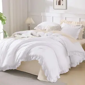 Comforter Full Size Set White, 3 Pieces Ruffle Farmhouse Shabby Chic Soft Lightweight Fluffy All Season Room Decor Bed Set Gift for Girls Women Teens Daughter