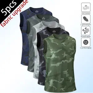 Men’s 5-piece set of crew-neck tank tops — breathable, quick-dry polyester sleeveless fitness wear for workouts, summer gym use, and running; black/white/navy men’s underwear tops, summer style. High Elasticity Lifestyle Beater