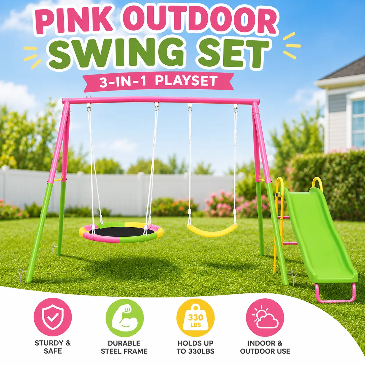 Pink Outdoor play equipment Swing Set project for Kids with Slide, Heavy-Duty Metal Backyard Playground, 3-in-1 Playset,  belt swing seat