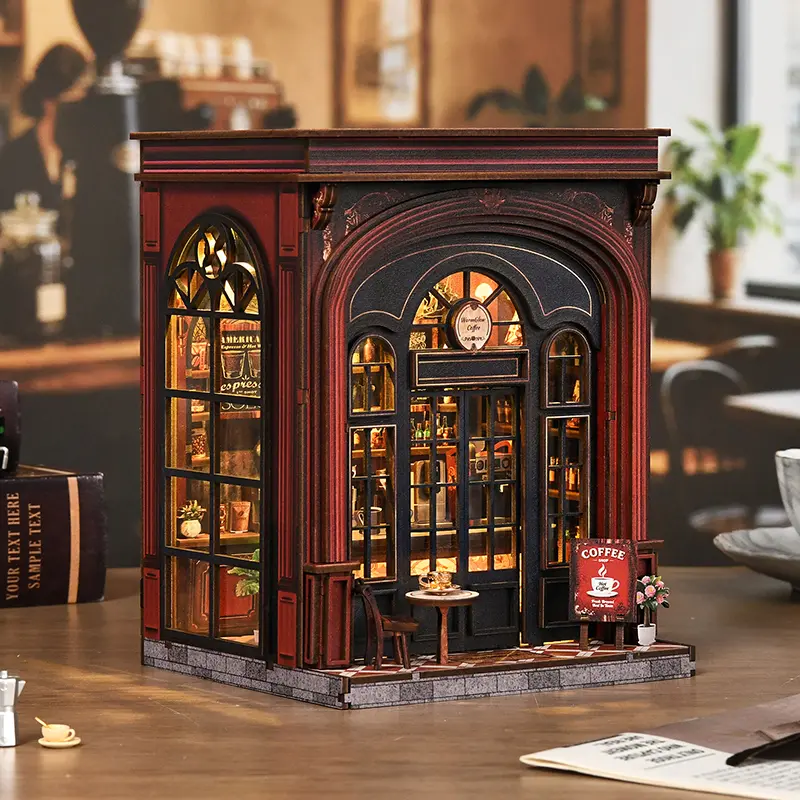 Warmglow Coffee Book Nook DIY Model Kit - Vintage Style Luminous 3D Wooden Puzzle, Hand-Assembled Renaissance Café Miniature Dollhouse, Collectibles, House Decoration, Unisex Adult Birthday Gift