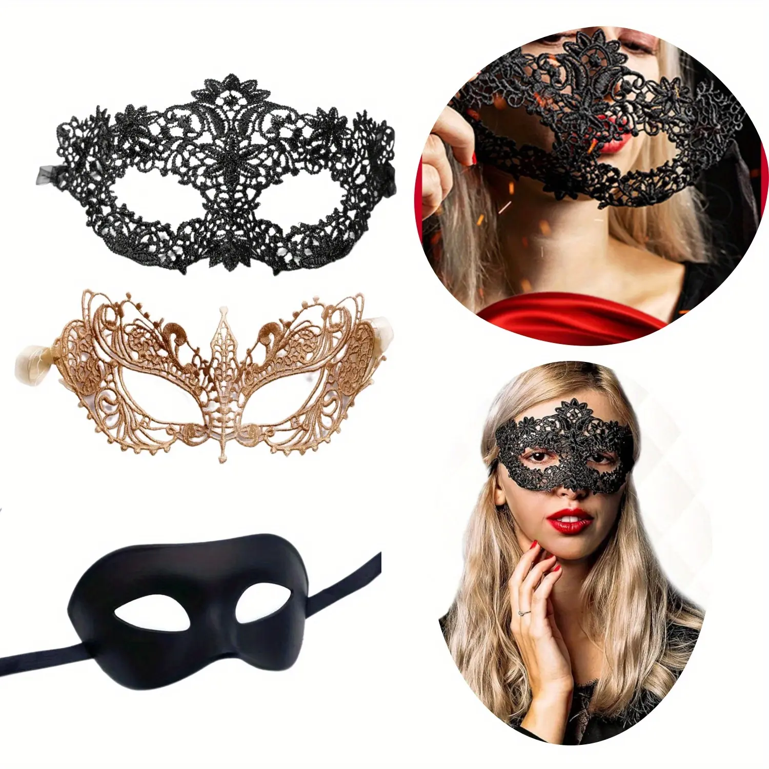 3 Pack Black & Gold Masquerade Masks for Couples, Elegant Lace & Feather Venetian Party Masks, Lightweight Plastic Masquerade Ball Masks for Halloween, Christmas, Wedding, Costume Parties