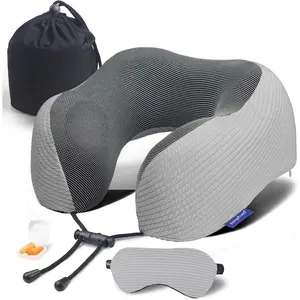 Pillow for Travel with Travel Pouch, Sleep Mask & Earplugs, Memory  Airplane Pillow for Headrest Sleep with Eyeshades, Plane Essentials with Eye Blindfold, Light Gray Striped Kit