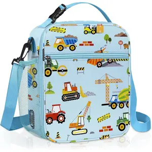 SQ-LBK002 Car Insulated Kids Lunch Bag Truck Large Thermal Cooler Bag for Boy Picnic School Lunch Box Tote,Blue Construction Trucks