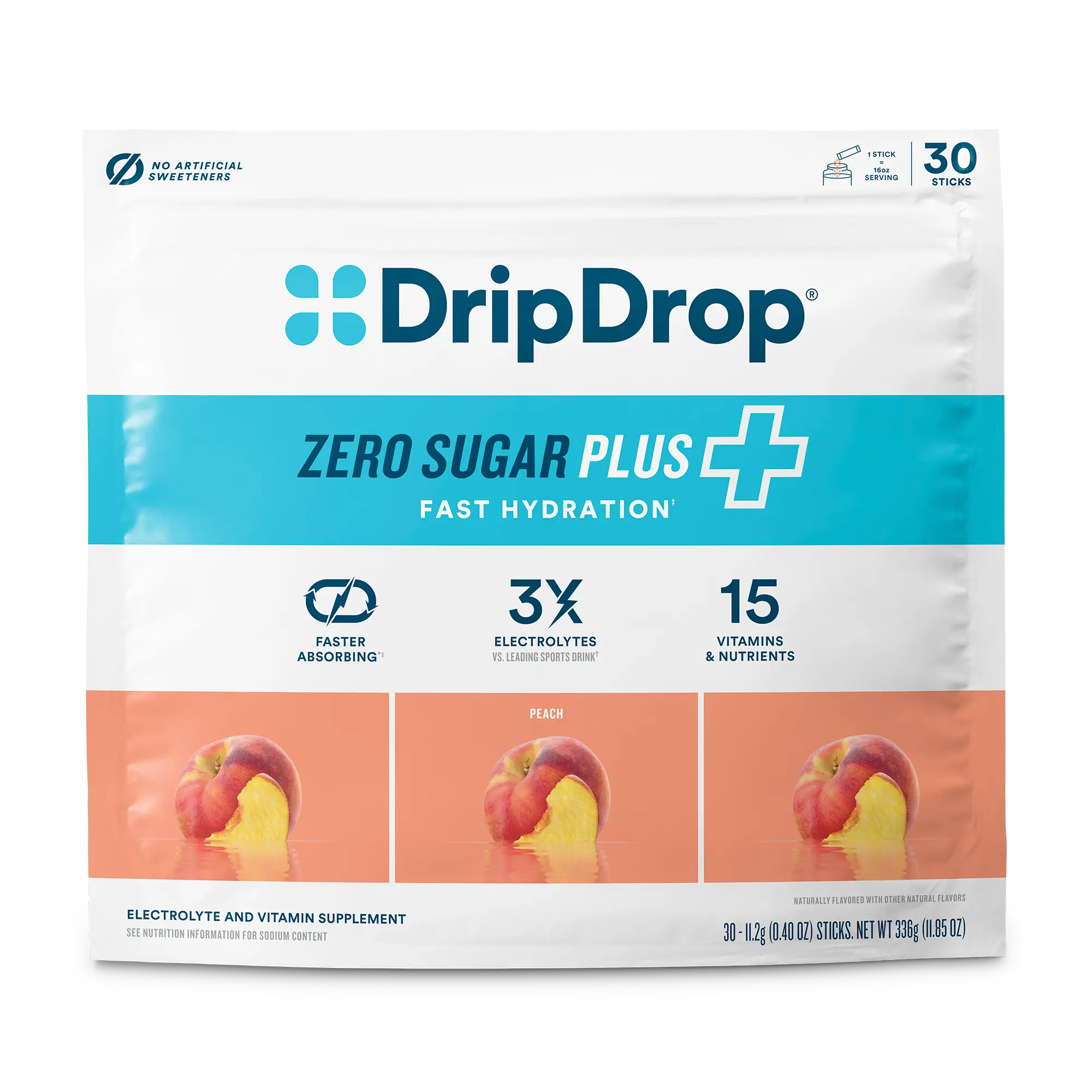 DripDrop Zero Sugar Plus, Peach, 16 oz sticks, 30 count