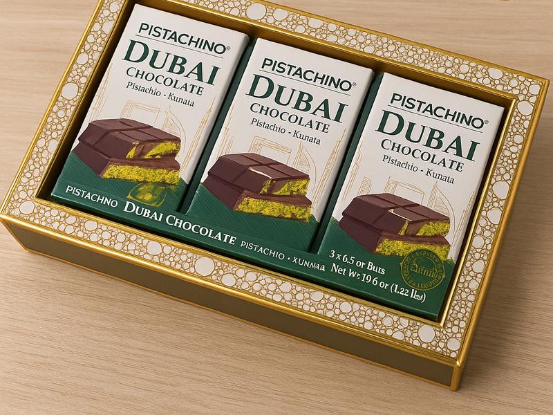 PISTACHINO Dubai Chocolate Gift Set, Premium Pistachio and Kunafa Filled Bars, 3 x 185g Dark Chocolate, Luxury Middle Eastern Collection a premimum gift