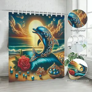 Gemstone Dolphin Rose Shower Curtain Set, Dreamy Ocean Bathroom Decor, Non-Slip Mat, Toilet Lid Cover, U-Shaped Pad, Waterproof Mold-Resistant